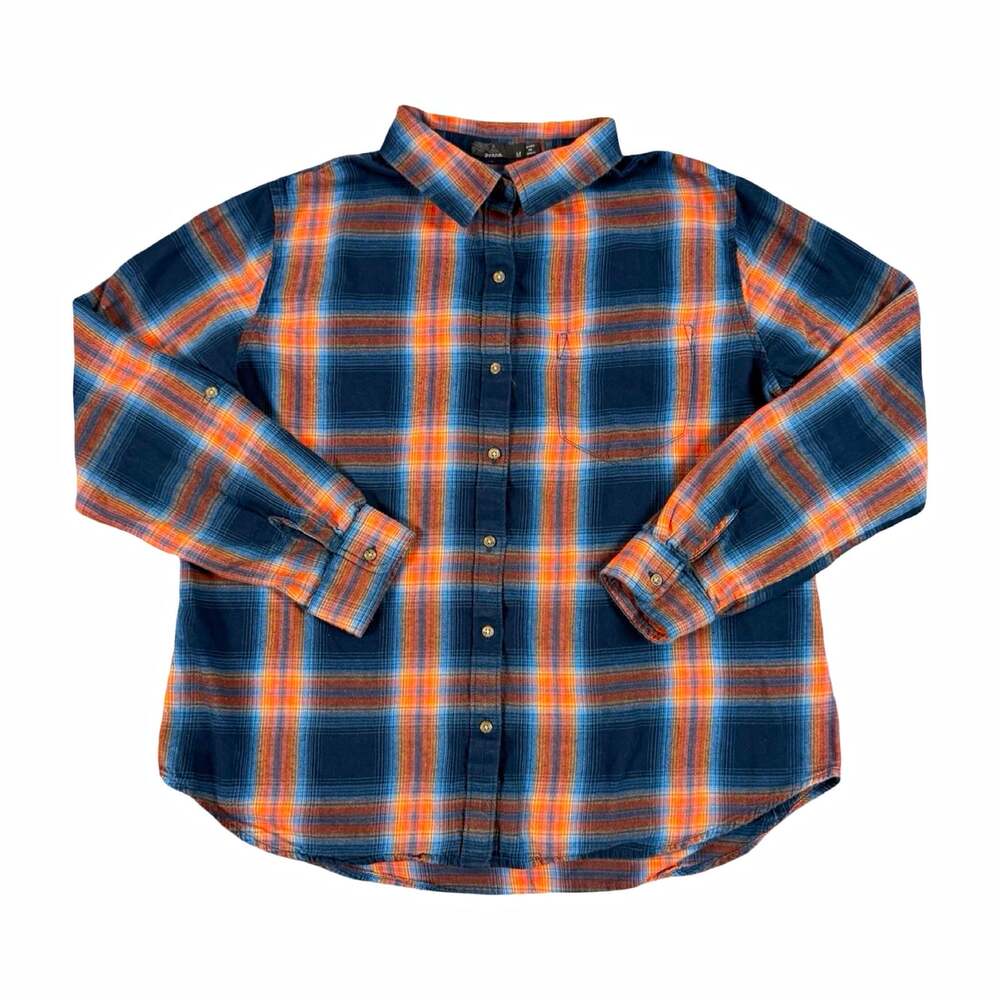prAna Plaid Flannel Cotton Button Up Shirt Long Sleeve Size M Blue Orange